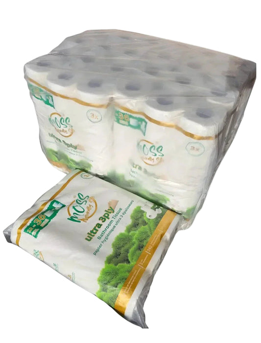 Bulk pack of Moss ultra 3-ply toilet paper rolls in sealed plastic packaging