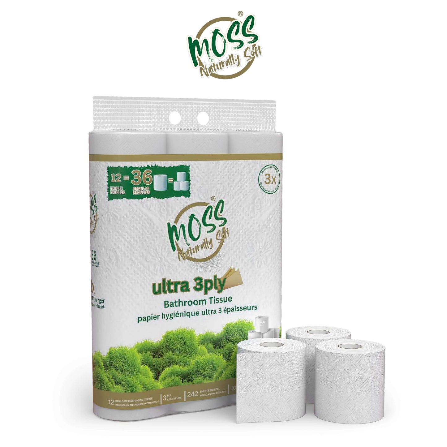 Moss 12-pack ultra soft 3-ply bathroom tissue rolls with eco-friendly green moss design