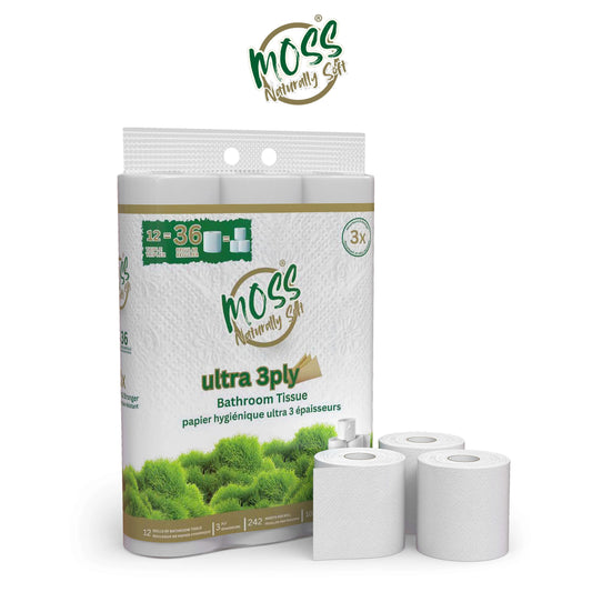 Moss 12-pack ultra soft 3-ply bathroom tissue rolls with eco-friendly green moss design