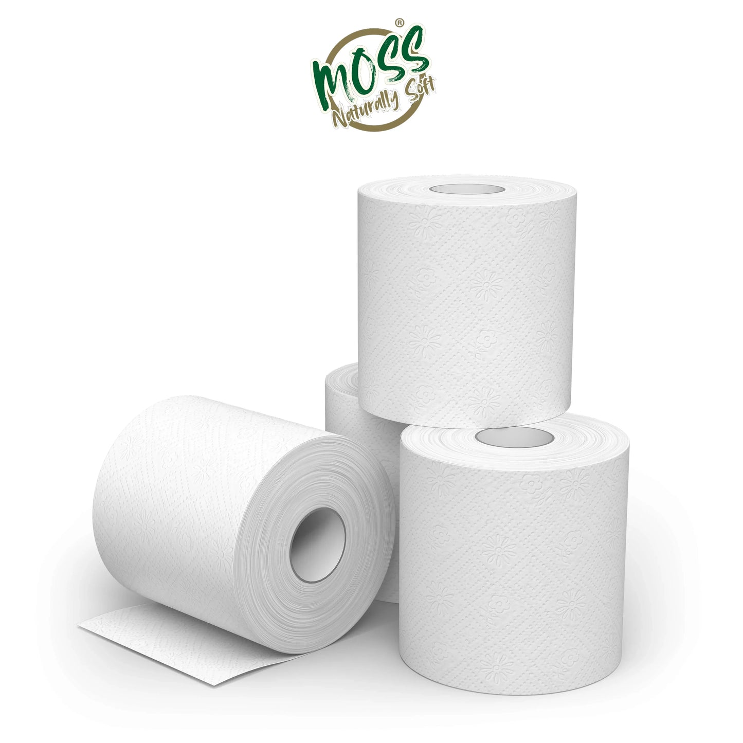 Four white Moss 3-ply toilet tissue rolls with floral embossed pattern on a white background