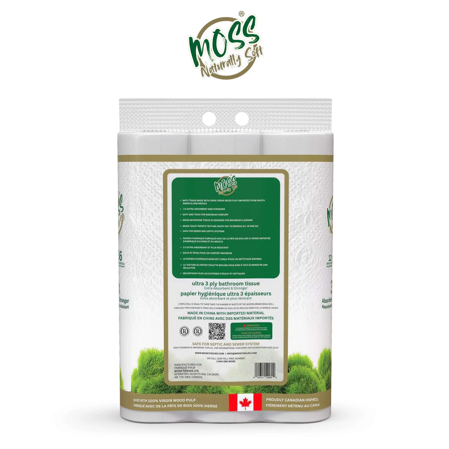 Back of Moss 12-pack toilet tissue packaging highlighting ultra-soft, strong eco-friendly 3-ply bathroom tissue made from 100% Canadian virgin wood pulp