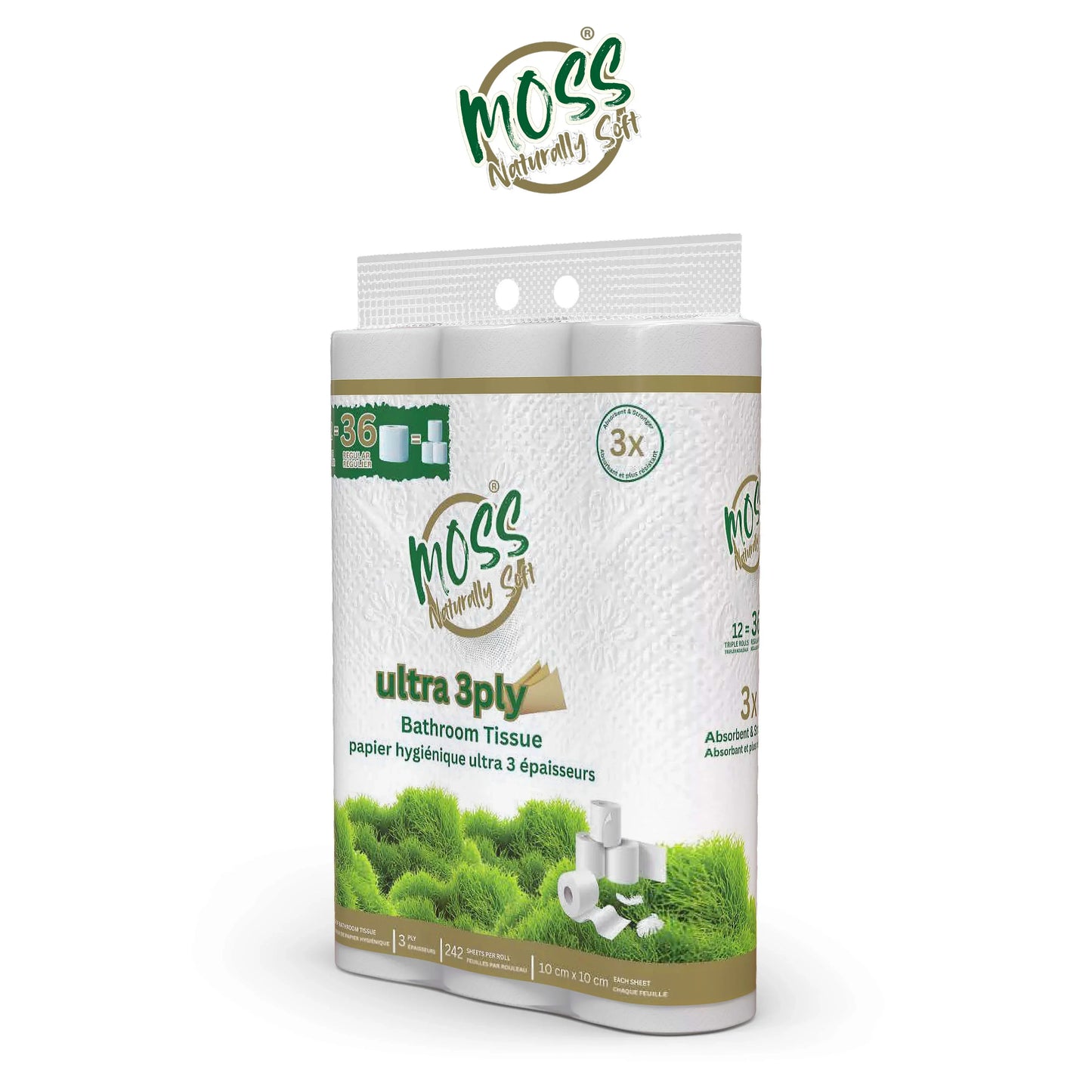 Moss ultra 3-ply bathroom tissue pack showing 12 rolls with eco-friendly design and green moss graphics