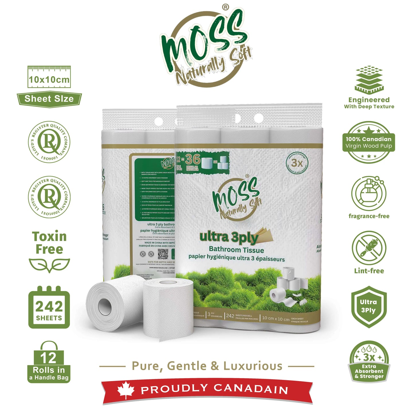 Moss Naturally Soft bathroom tissue packaging with product features and branding on a white background