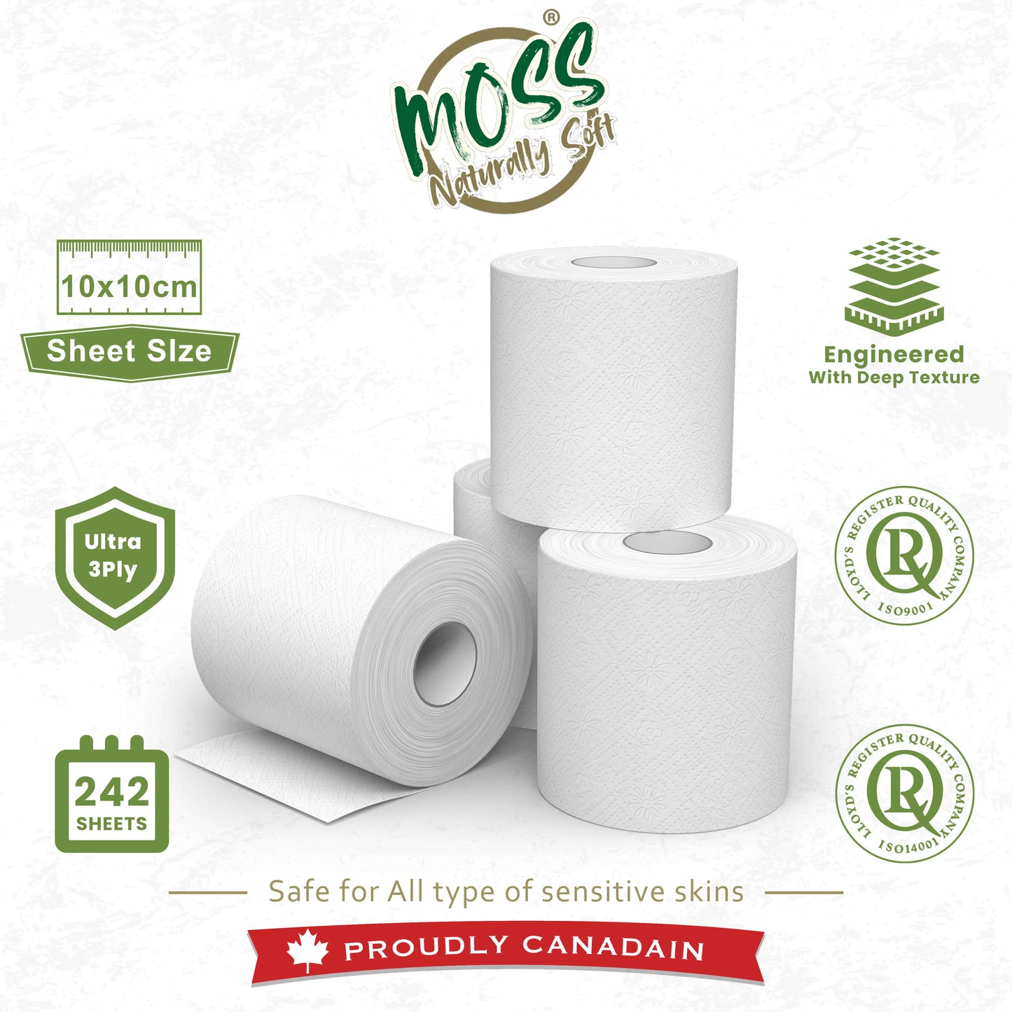 Three rolls of paper towels with MOSS branding and product features on a white background