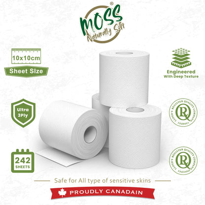 Moss ultra-soft 3-ply toilet paper rolls with 10x10cm sheet size and 242 sheets, Canadian eco-friendly