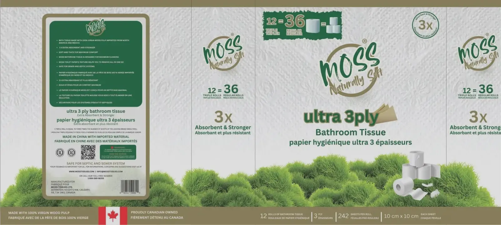 Moss Naturally soft 3 ply bathroom tissue packaging showing absorbent and stronger toilet paper rolls made fr0m 100% virgin wood pulp