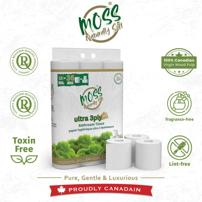 Moss ultra 3-ply bathroom tissue pack with 12 rolls made from 100% Canadian virgin wood pulp, toxin-free, fragrance-free, lint-free